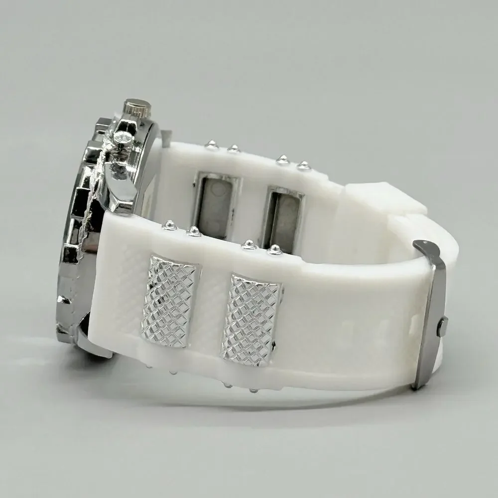 Geneva Mens Silver Tone Chronograph Style Watch White Silicone Sport Band